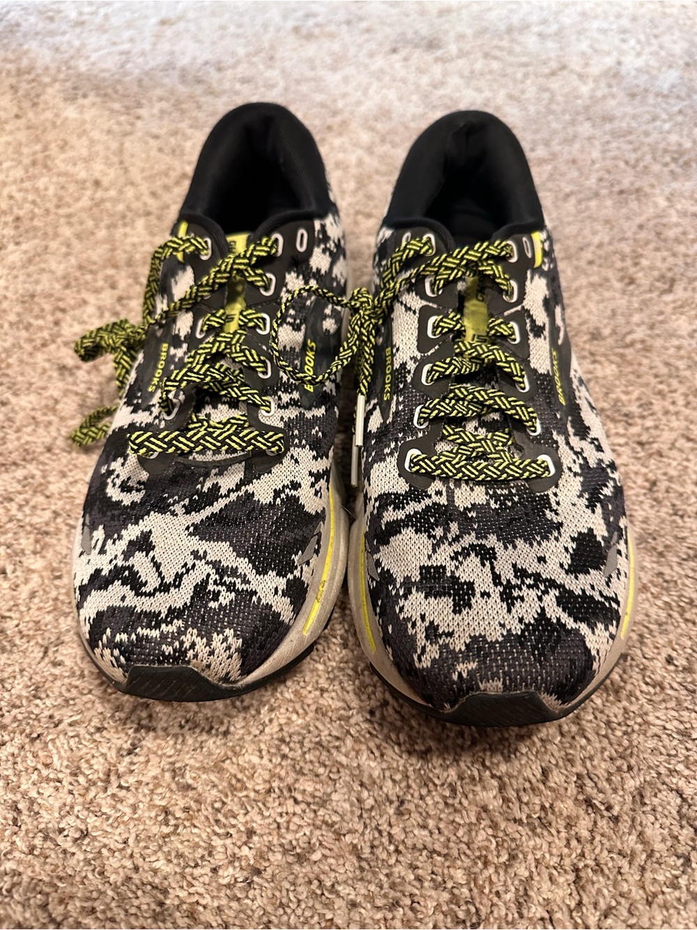 Brooks Ghost 15 Black & White Patterned Athletic Shoes with Lime Accents